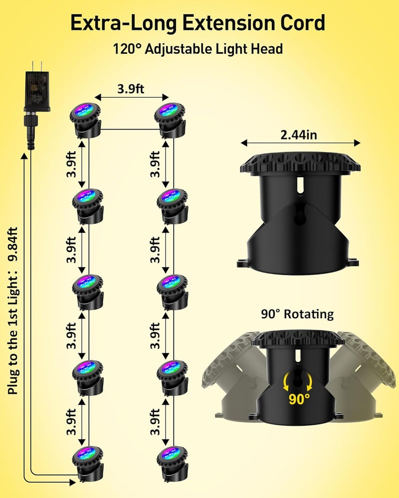 T-SUN Underwater LED Pond Lights – IP68 Waterproof Submersible Fountain Lights with Bluetooth App & Remote, 16 Million Colors Underwater Lighting for Koi Ponds/Garden Water Features Aquarium (10-Pack) - Image 2